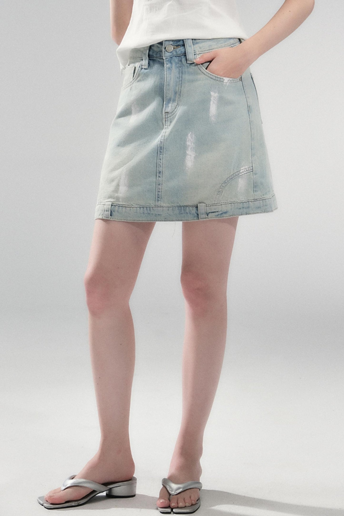Hand-Painted Light Blue Denim Skirt