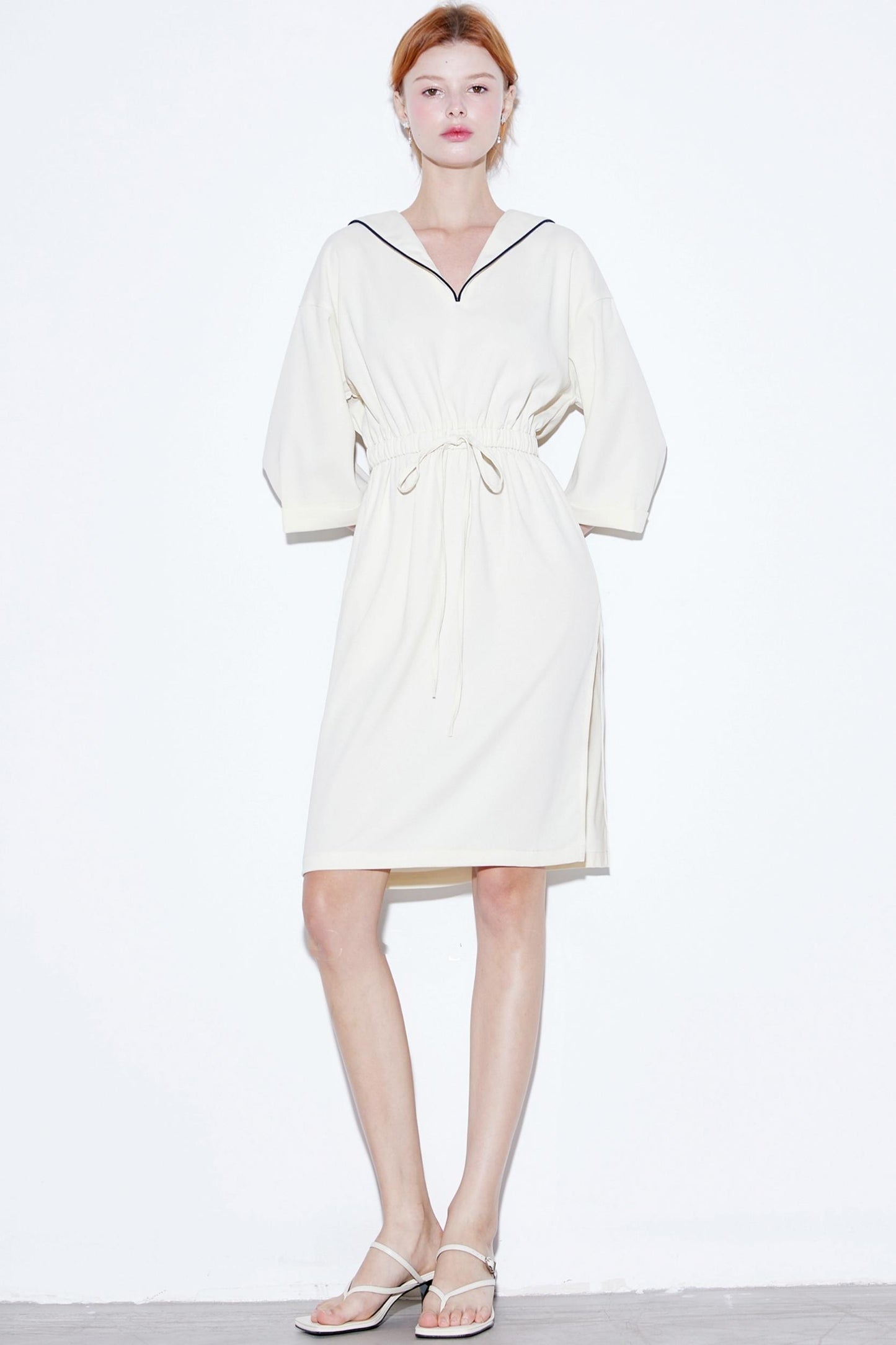 High-Textured Drawstring Sailor Collar Dress