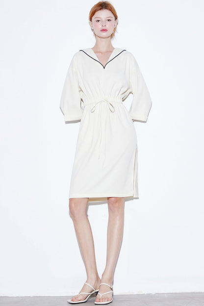 High-Textured Drawstring Sailor Collar Dress