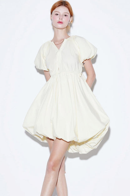 Elegant Cotton-Poplin V-Neck Puff Sleeve Bud Dress