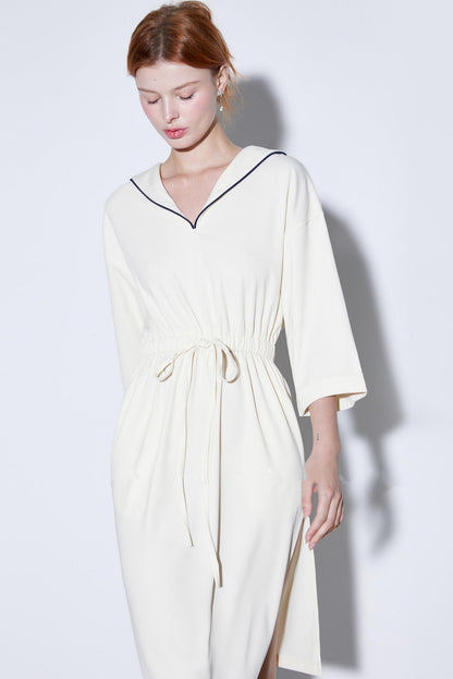 High-Textured Drawstring Sailor Collar Dress