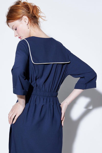 High-Textured Drawstring Sailor Collar Dress