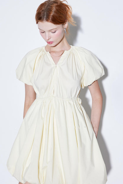 Elegant Cotton-Poplin V-Neck Puff Sleeve Bud Dress