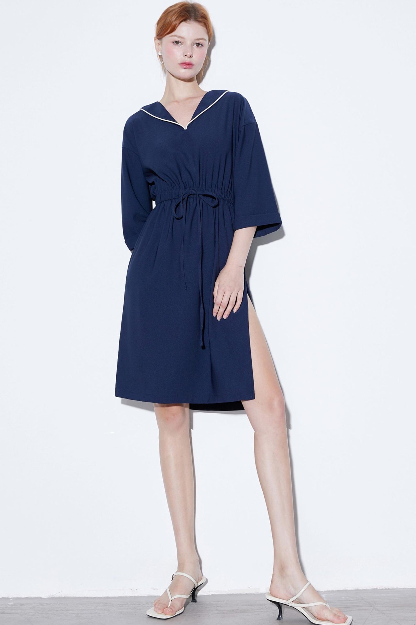 High-Textured Drawstring Sailor Collar Dress