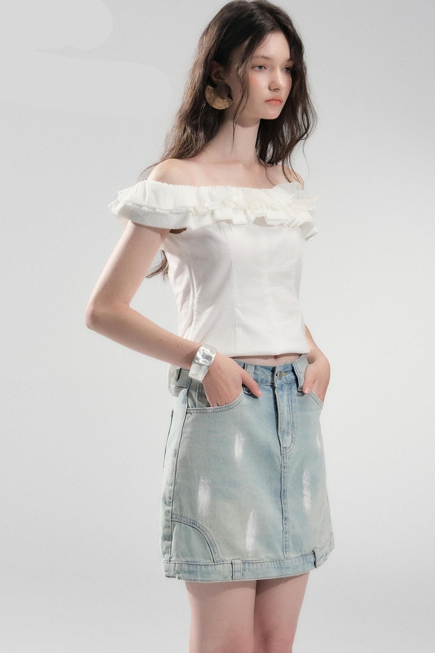 Hand-Painted Light Blue Denim Skirt