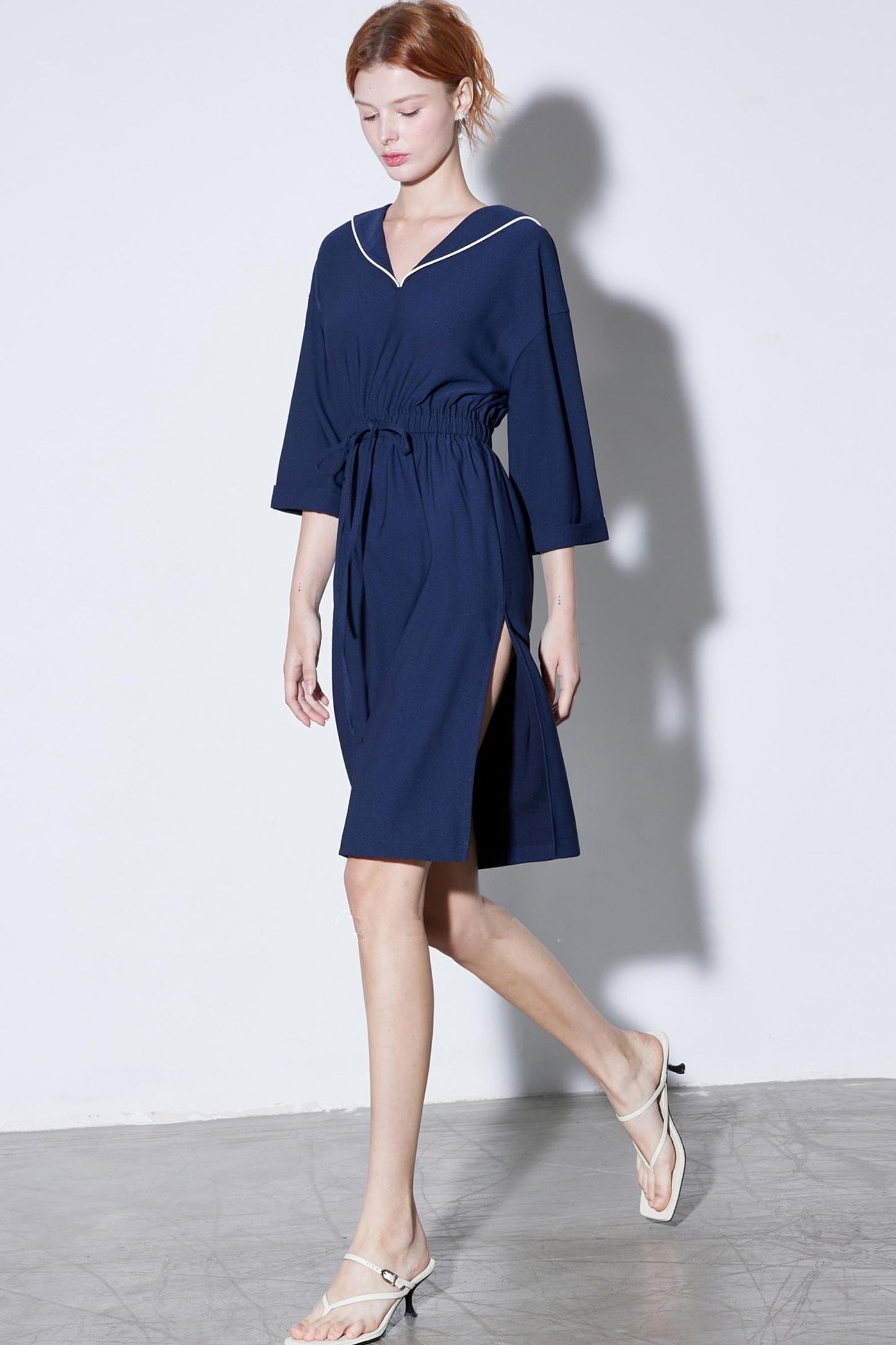 High-Textured Drawstring Sailor Collar Dress
