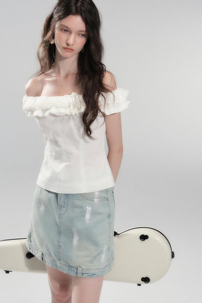 Hand-Painted Light Blue Denim Skirt