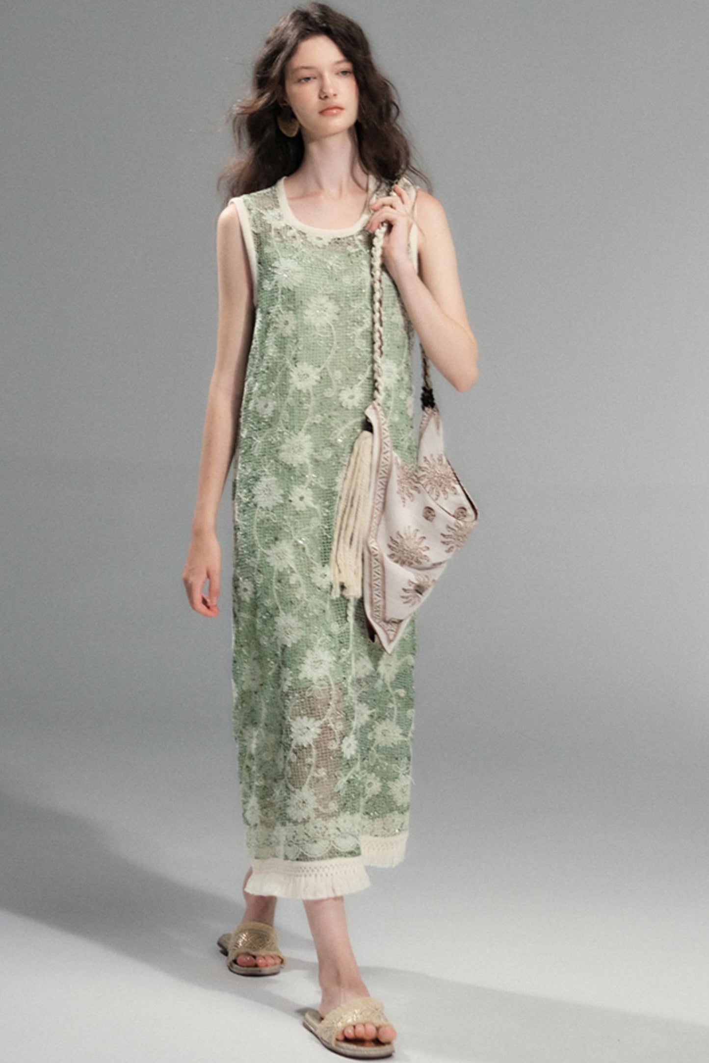 Moss Sequin Embroidery Tassel Dress