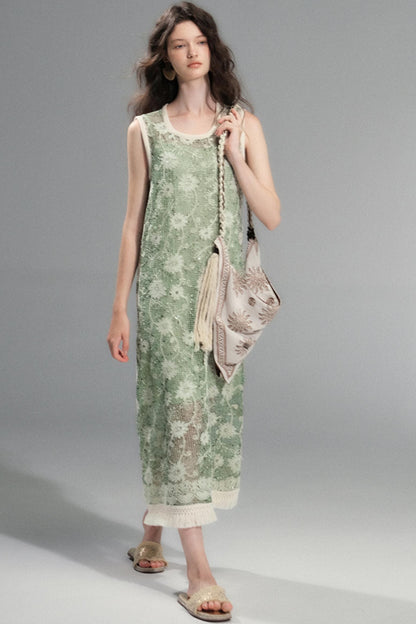 Moss Sequin Embroidery Tassel Dress