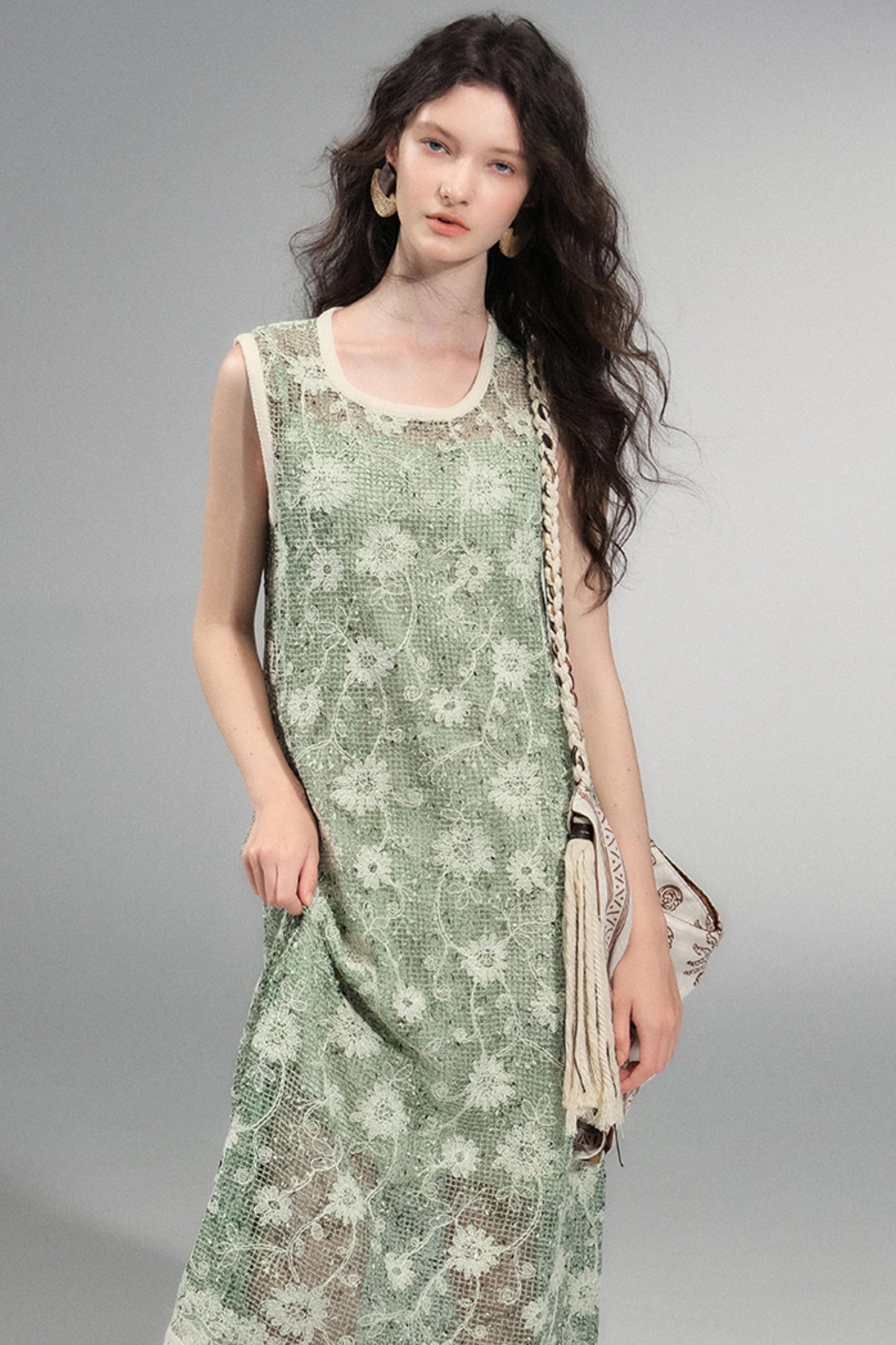 Moss Sequin Embroidery Tassel Dress