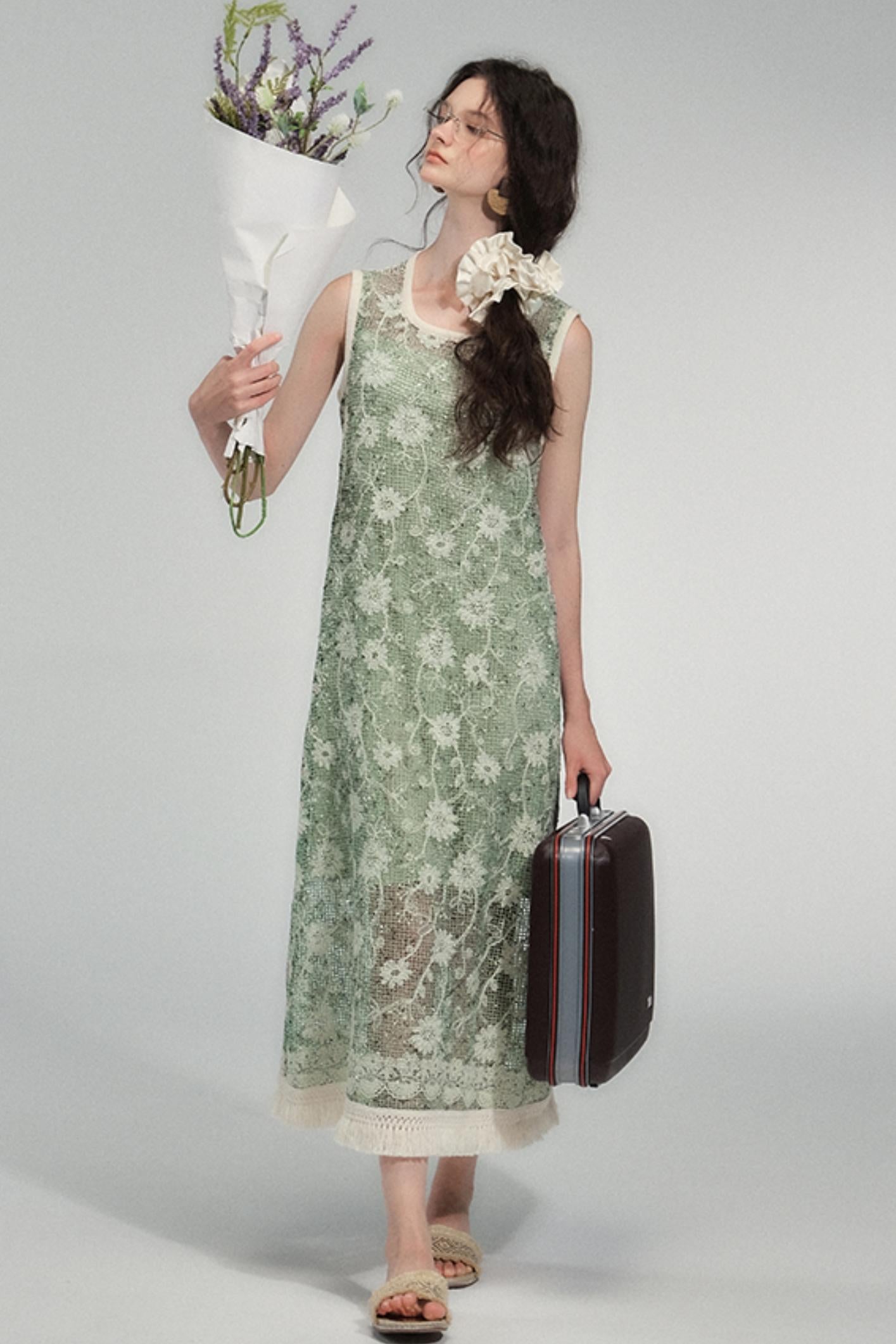 Moss Sequin Embroidery Tassel Dress