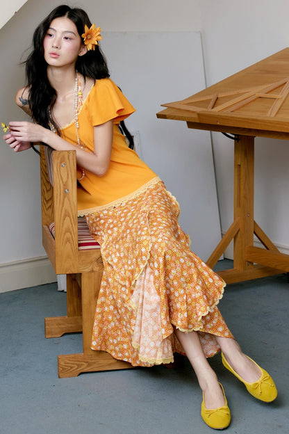 Orange Floral Ruffle Two-Piece Ensemble Set-Up