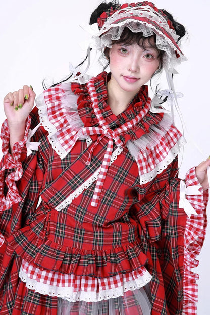 Red Plaid Kimono-Style Yukata Top