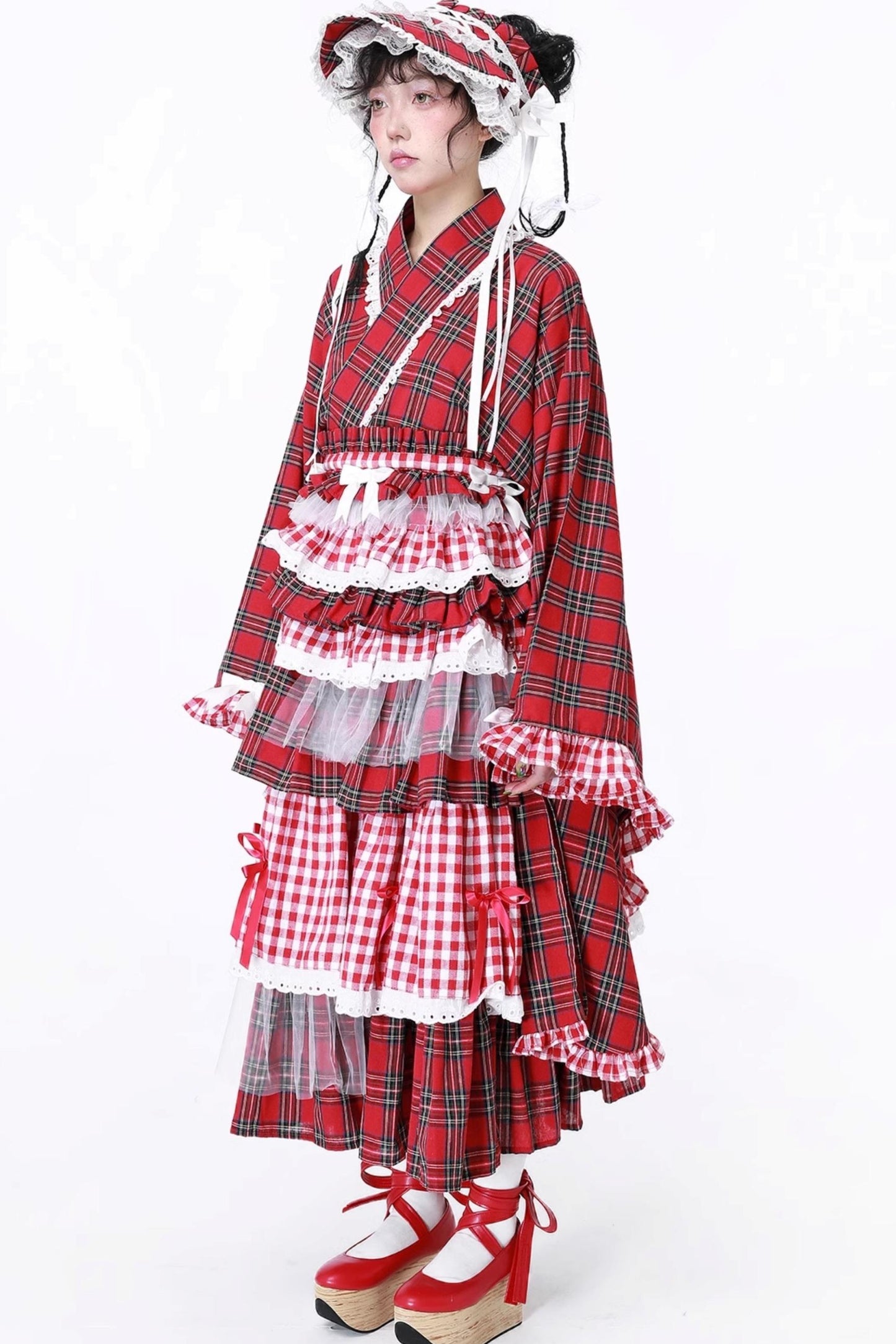 Red Plaid Kimono-Style Yukata Top