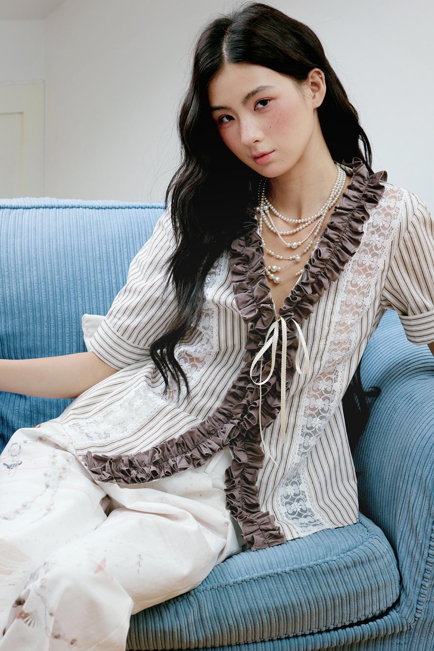 Brown Lace Trim Blouse