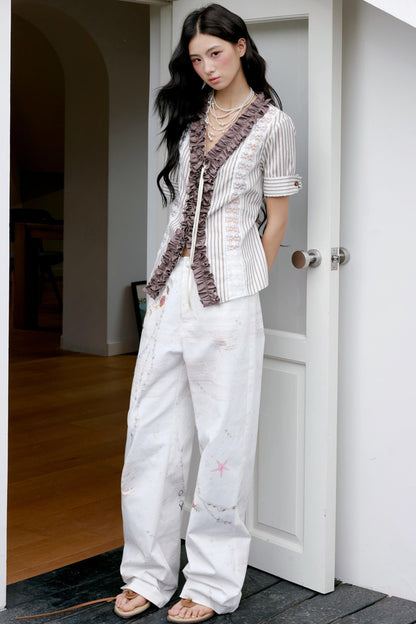 Brown Lace Trim Blouse