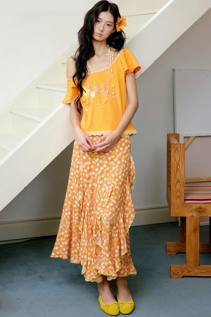 Orange Floral Ruffle Two-Piece Ensemble Set-Up