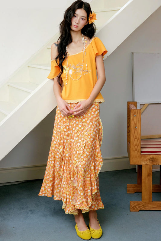Orange Floral Ruffle Two-Piece Ensemble Set-Up