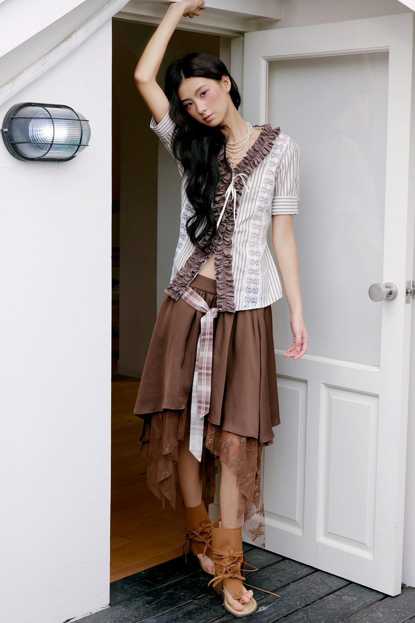 Brown Lace Asymmetrical Skirt
