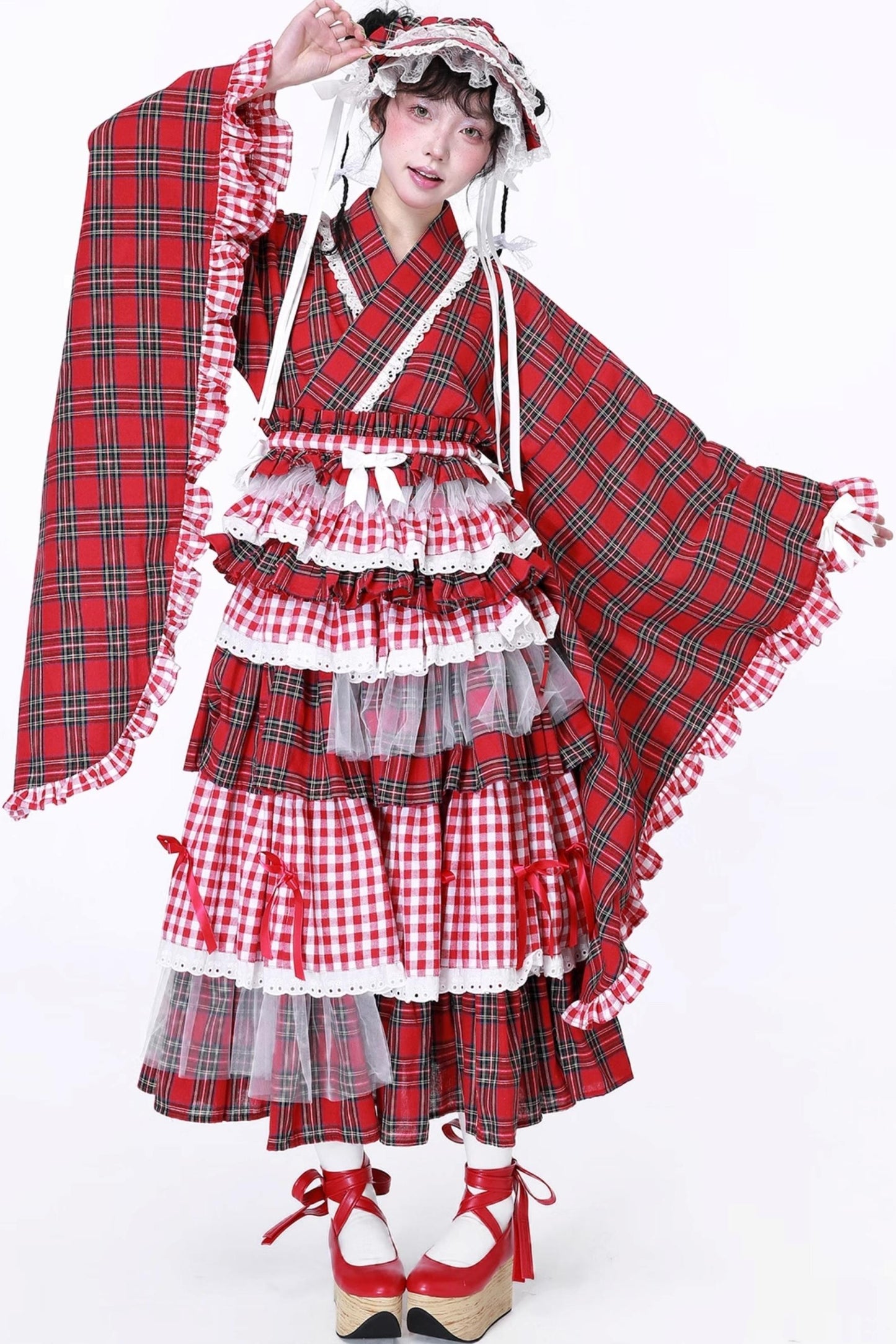Red Plaid Kimono-Style Yukata Top