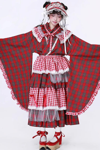 Red Plaid Kimono-Style Yukata Top