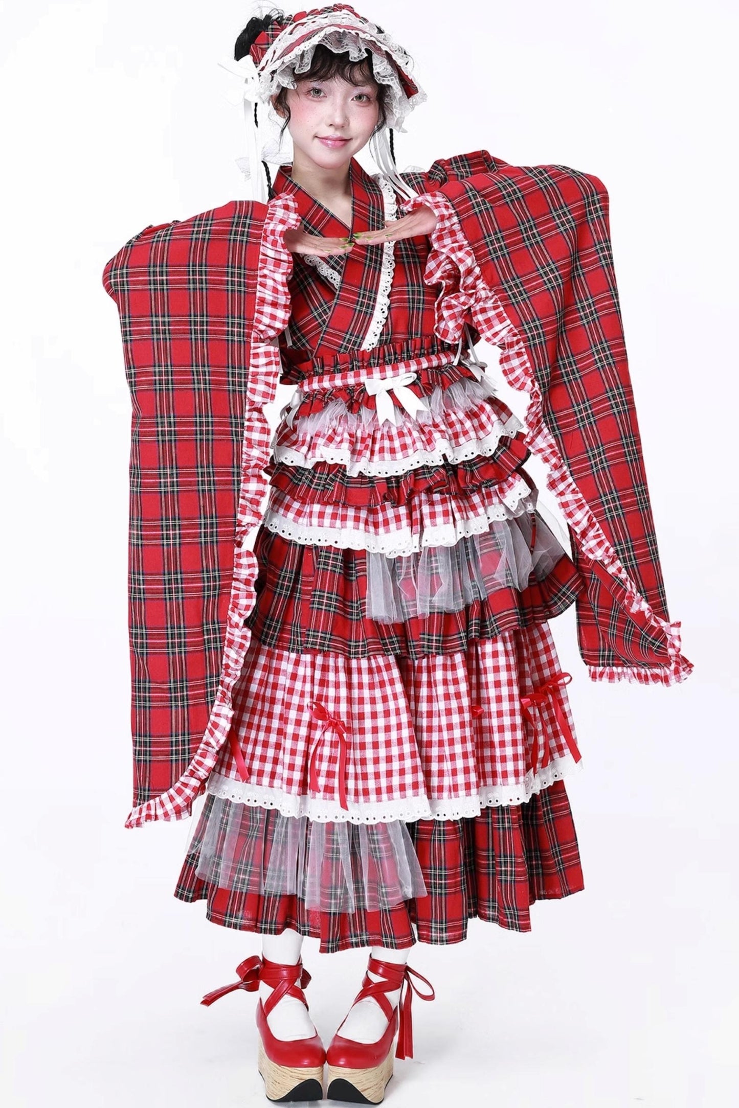 Red Plaid Kimono-Style Yukata Top