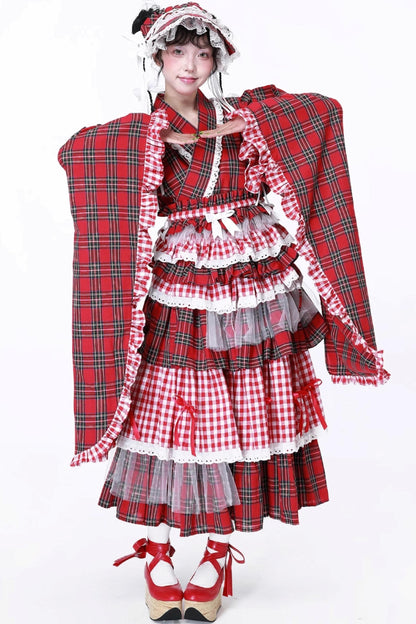 Red Plaid Kimono-Style Yukata Top