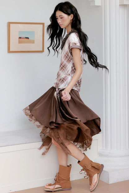 Brown Lace Asymmetrical Skirt