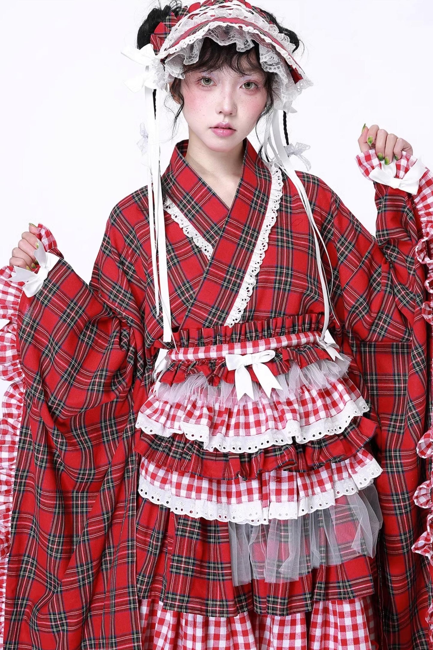 Red Plaid Kimono-Style Yukata Top