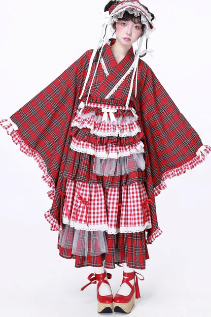 Red Plaid Kimono-Style Yukata Top