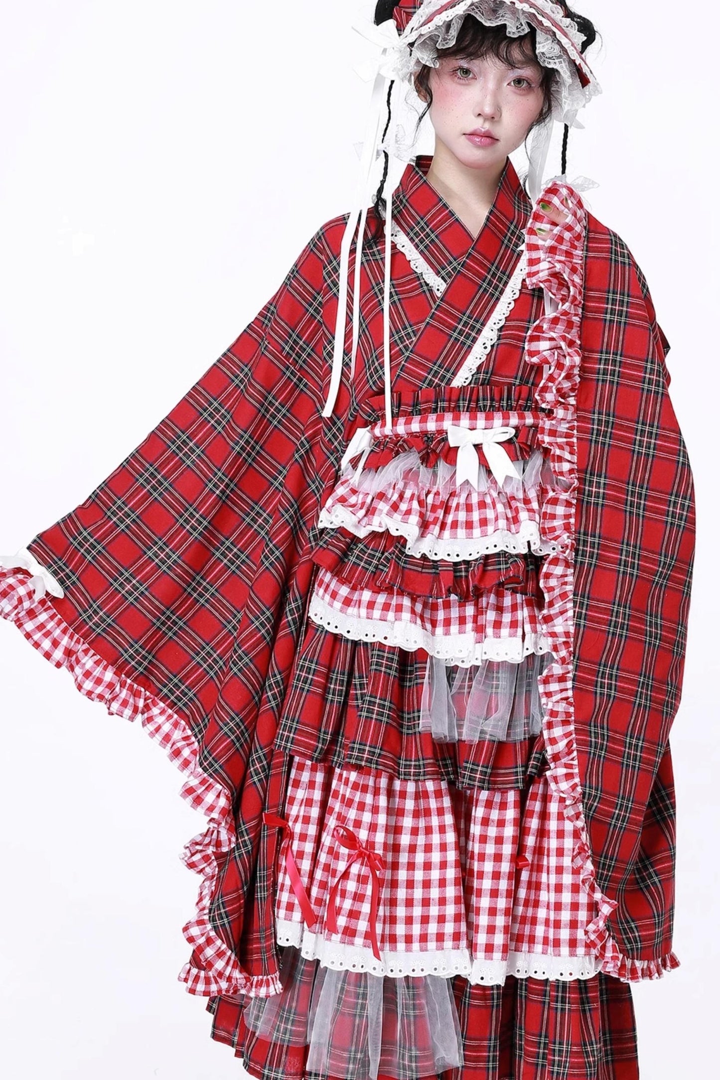 Red Plaid Kimono-Style Yukata Top