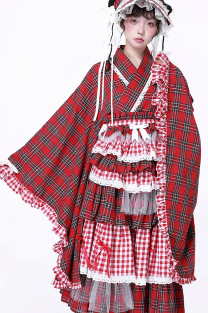 Red Plaid Kimono-Style Yukata Top
