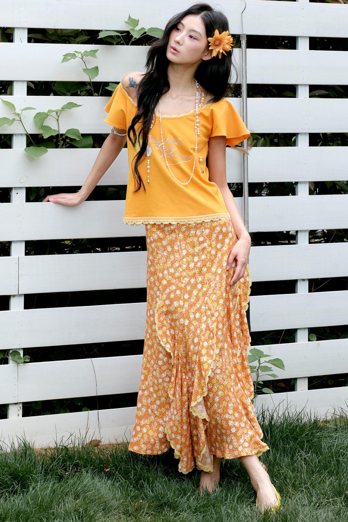 Orange Floral Ruffle Two-Piece Ensemble Set-Up