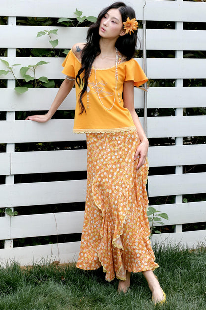 Orange Floral Ruffle Two-Piece Ensemble Set-Up