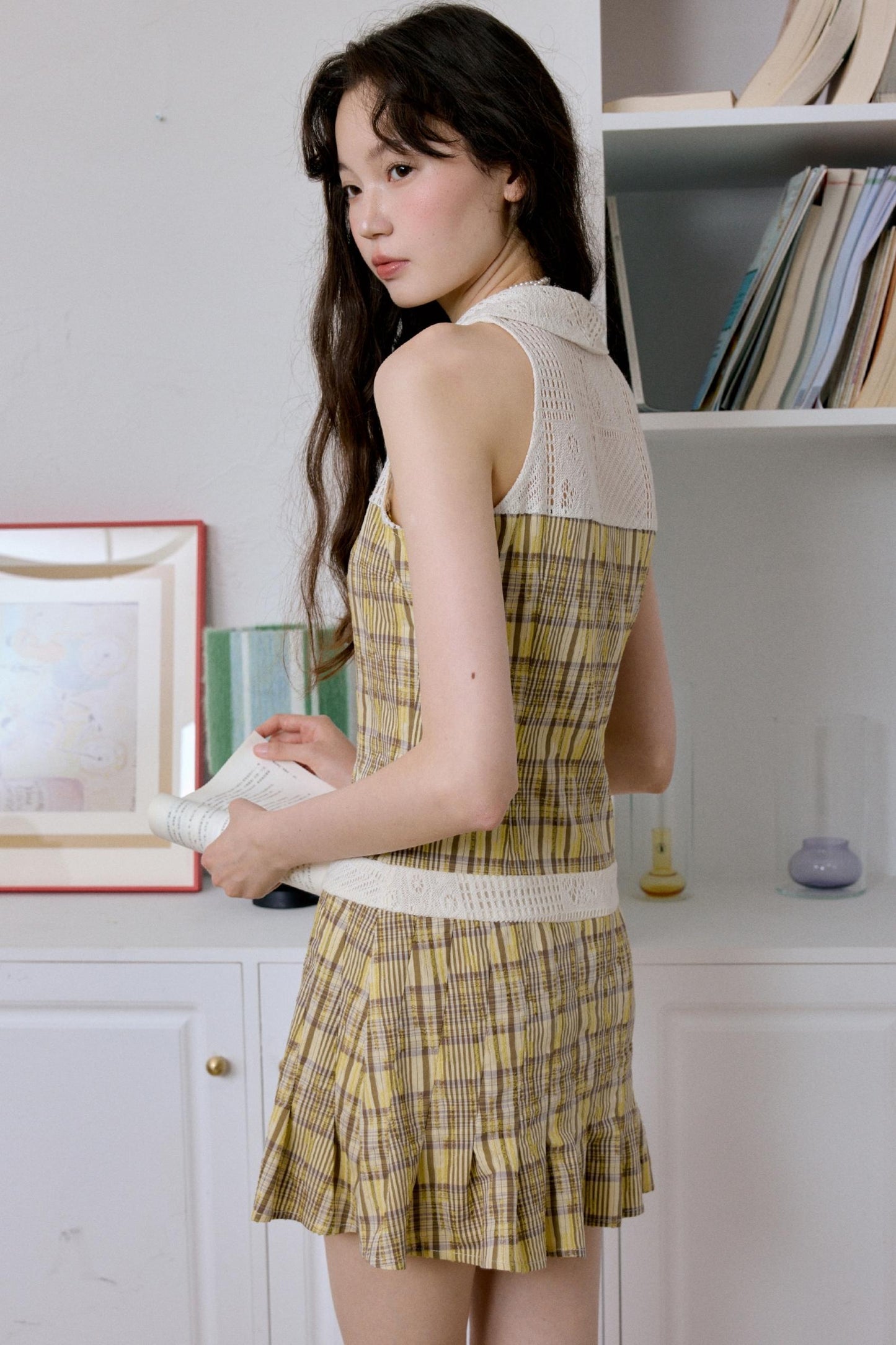 Bohemian Apricot Yellow Check Sleeveless Dress