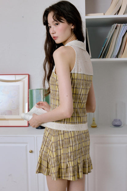 Bohemian Apricot Yellow Check Sleeveless Dress