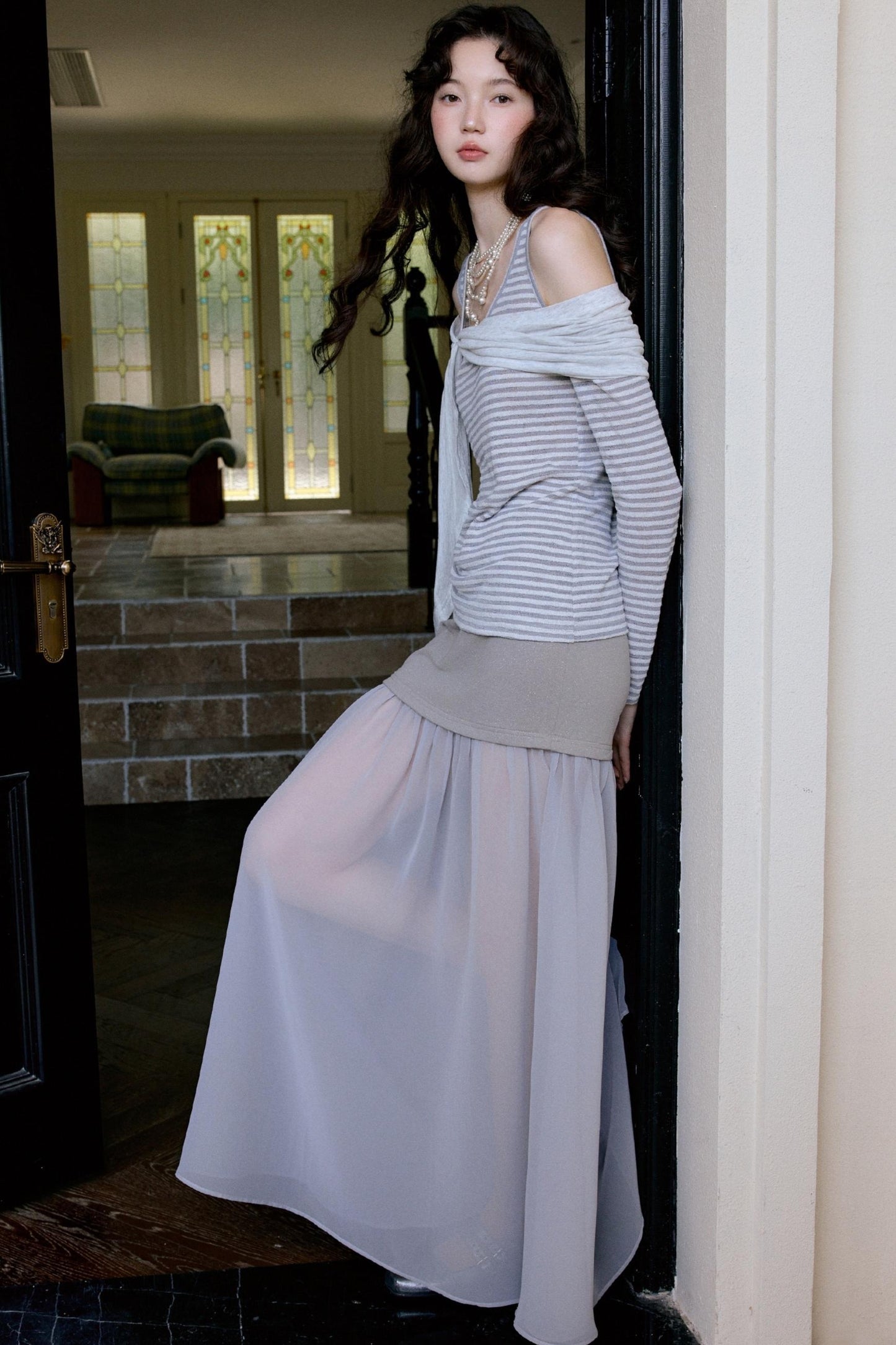 Fairy Stripe Knitted Top Skirt Set-Up