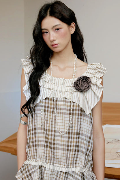 Coffee Check Striped Ruffled Collar Top
