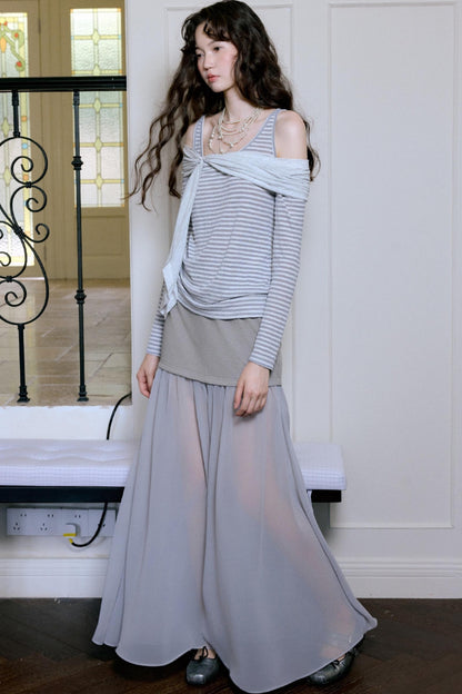 Fairy Stripe Knitted Top Skirt Set-Up