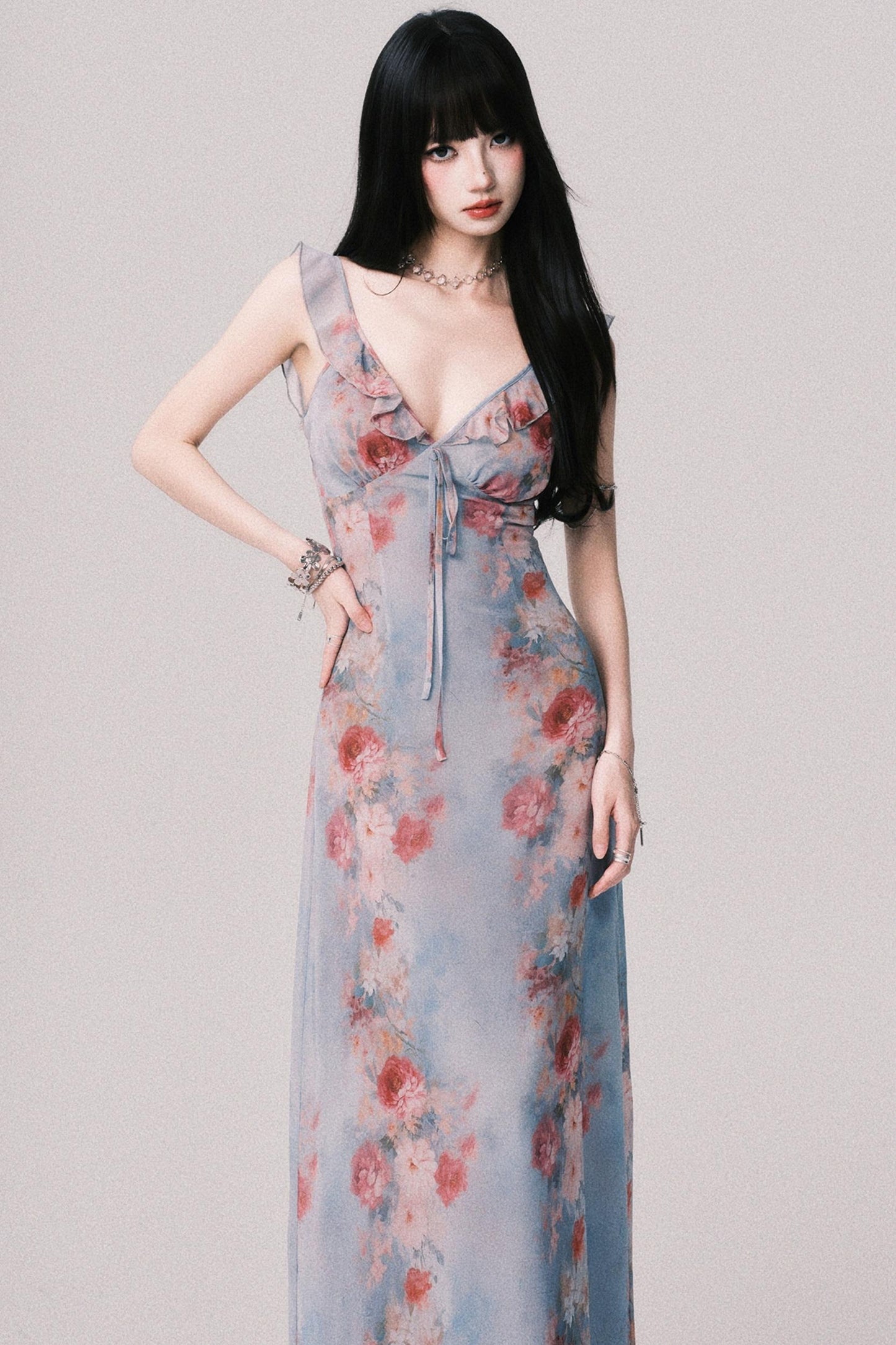 French V-Neck Halter Dress