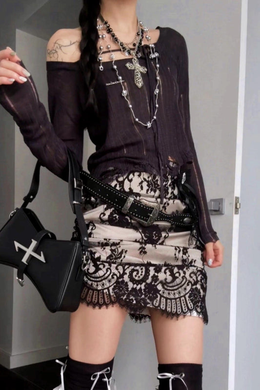 Asymmetric Lace Ruffle Wrap Skirt