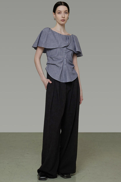 Chic One-Shoulder Lace Stripe Blouse