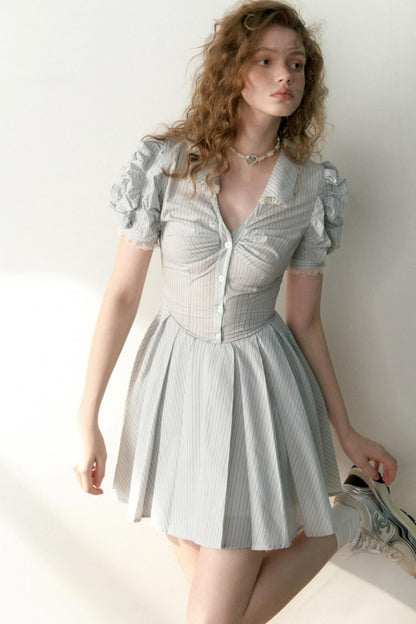 Blue Striped Bubble Sleeve Floral Pleated Dress