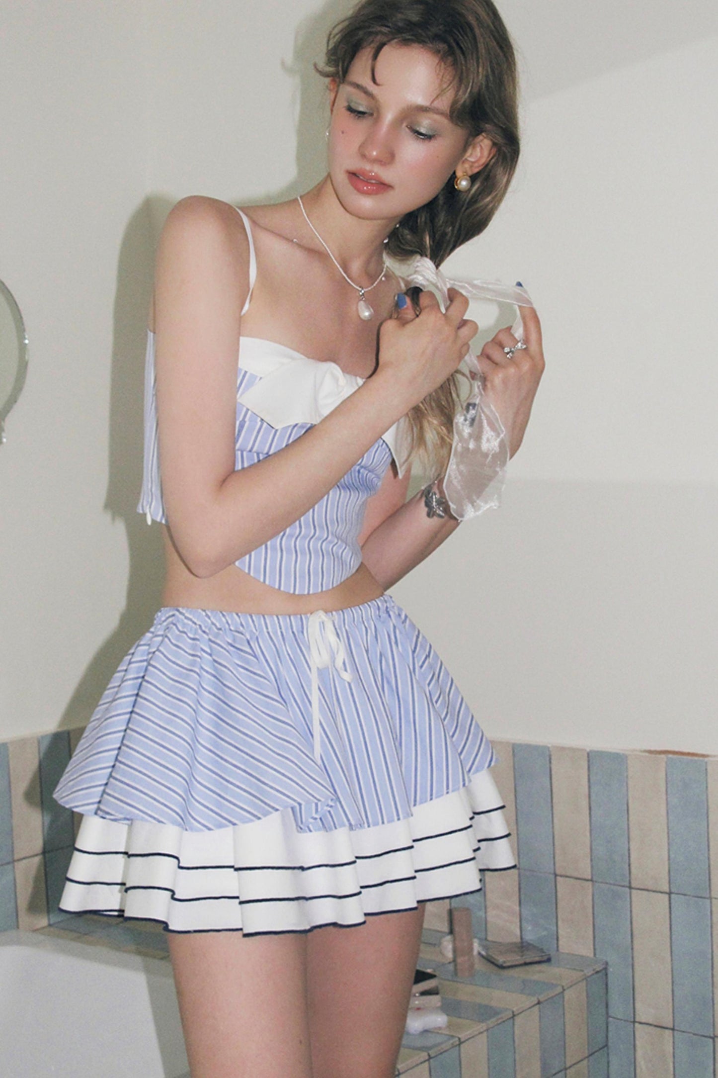 Blue Stripe Halter Skirt Set-Up