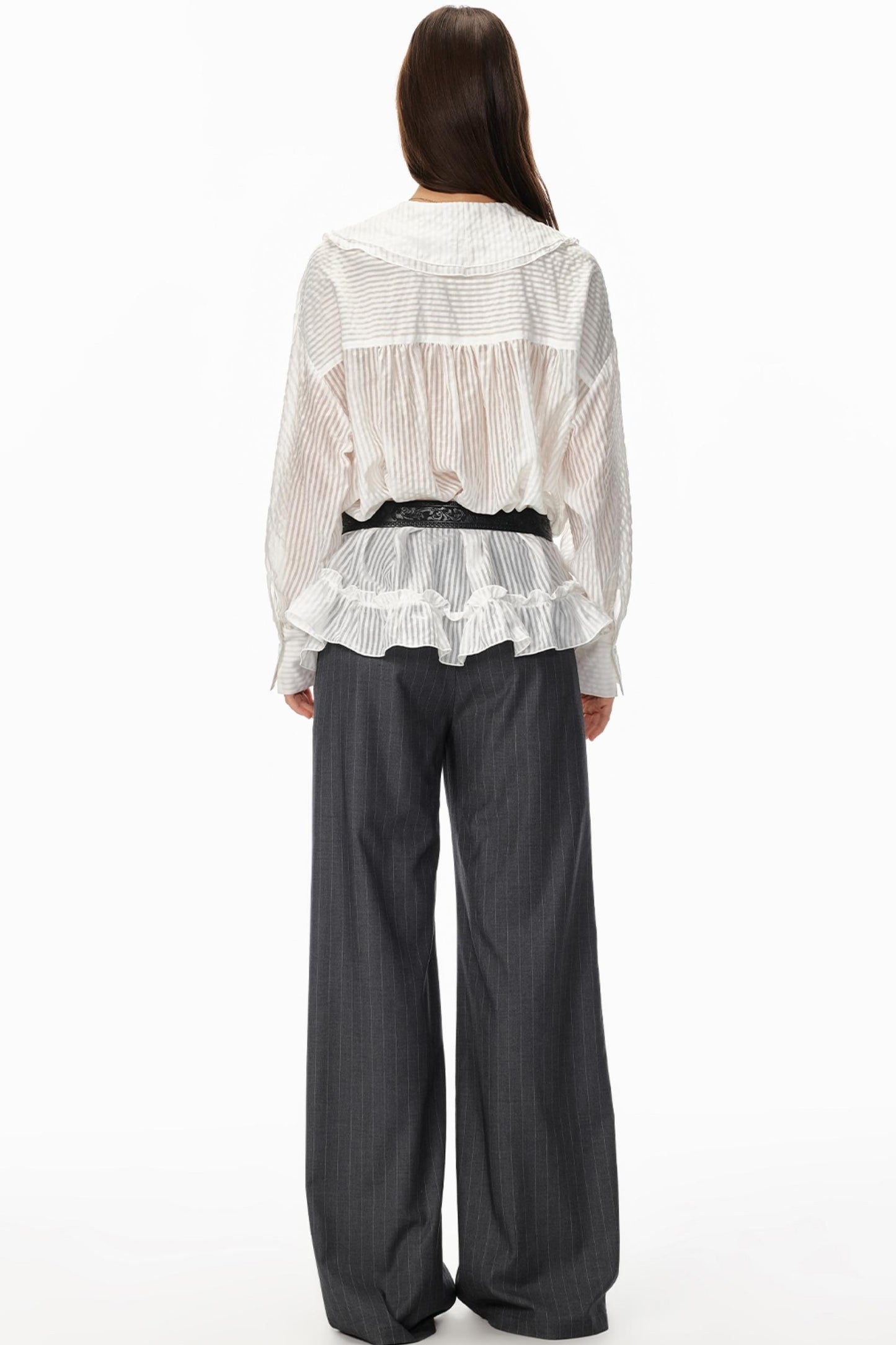 Ruffled V-Neck Striped Top