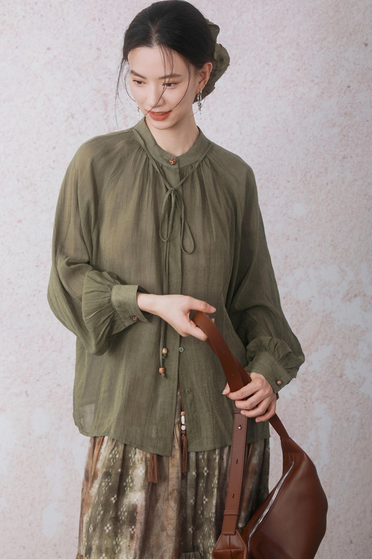Autumn Green Stand Up Collar Chinese Shirt