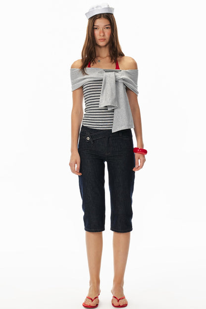 One-Shoulder Striped Top & Shorts Set-Up