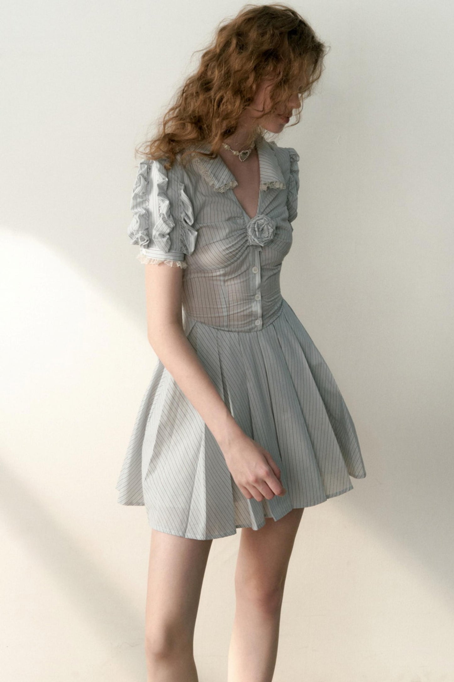 Blue Striped Bubble Sleeve Floral Pleated Dress