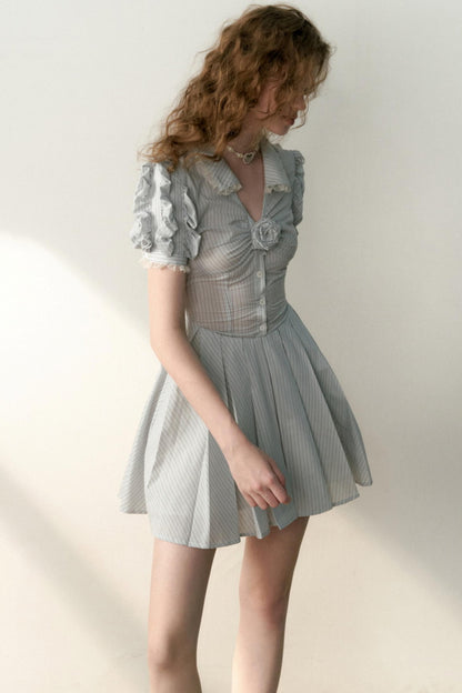 Blue Striped Bubble Sleeve Floral Pleated Dress