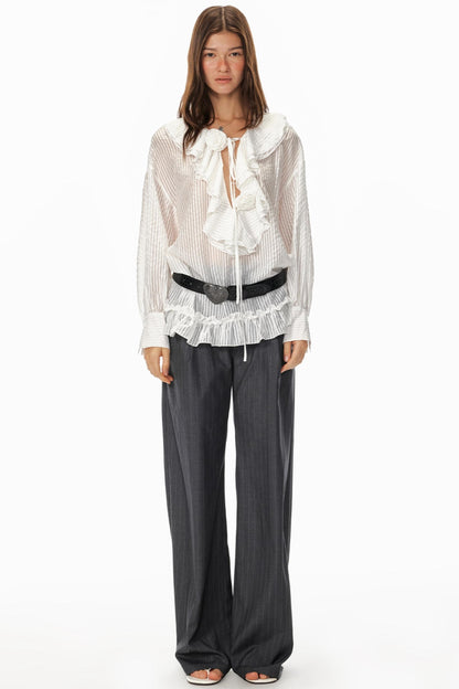 Ruffled V-Neck Striped Top